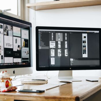 Two screens of a computer displaying graphic design tools used for social media.