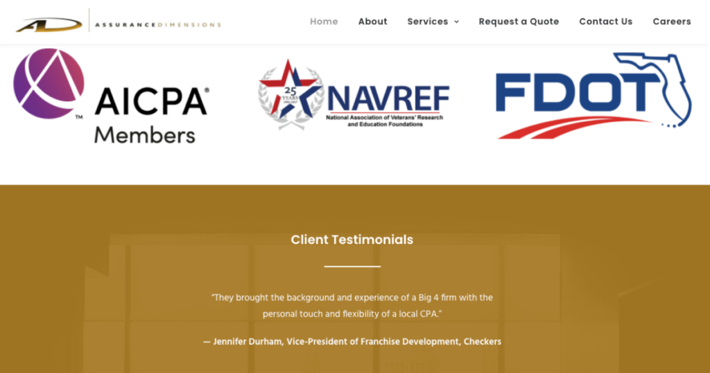 Assurance Dimensions website homepage content showcases client testimonials.
