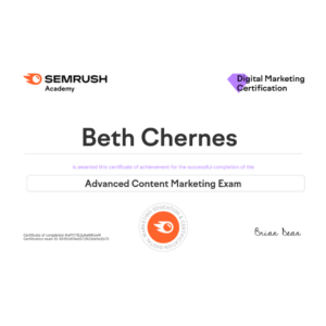 Beth Chernes SEMRush Advanced Content Marketing Exam Certification