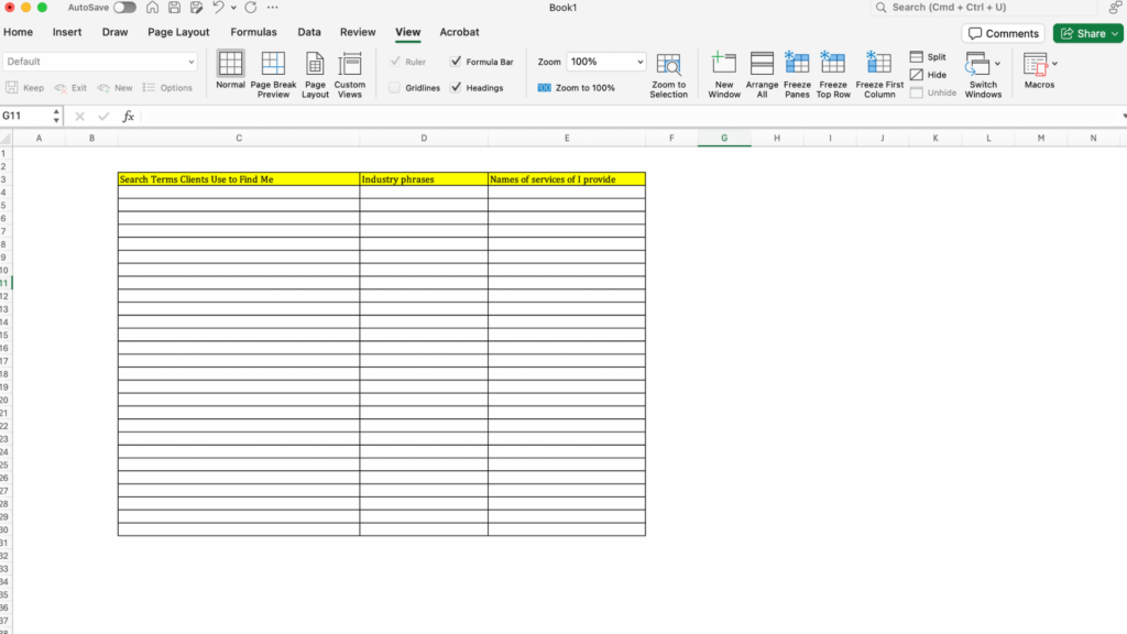 An excel spreadsheet that and seo specialist may use to write keyword suggestions