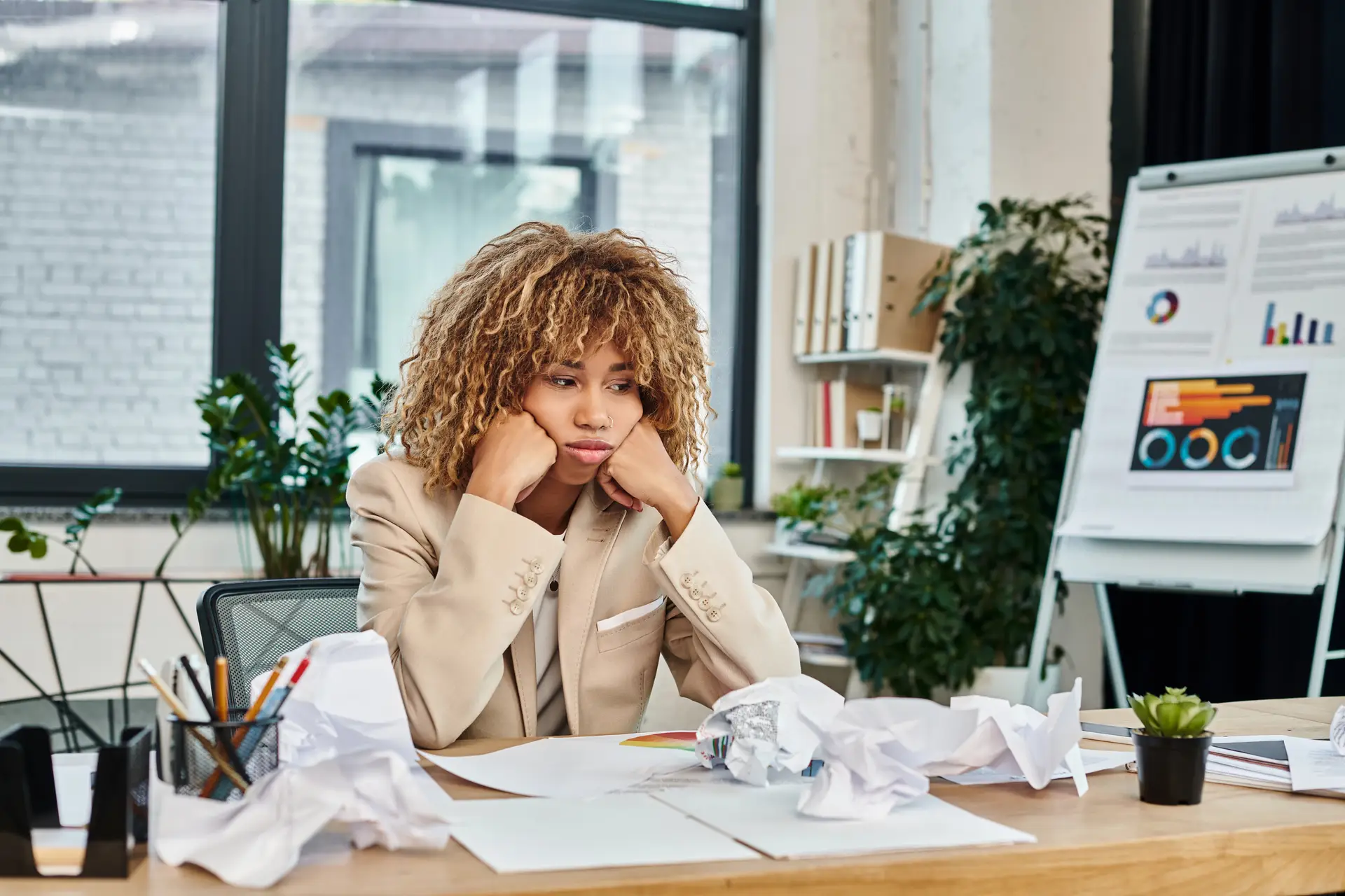 A business woman sitting at a desk wondering if SEO for the finance industry is still relevant.