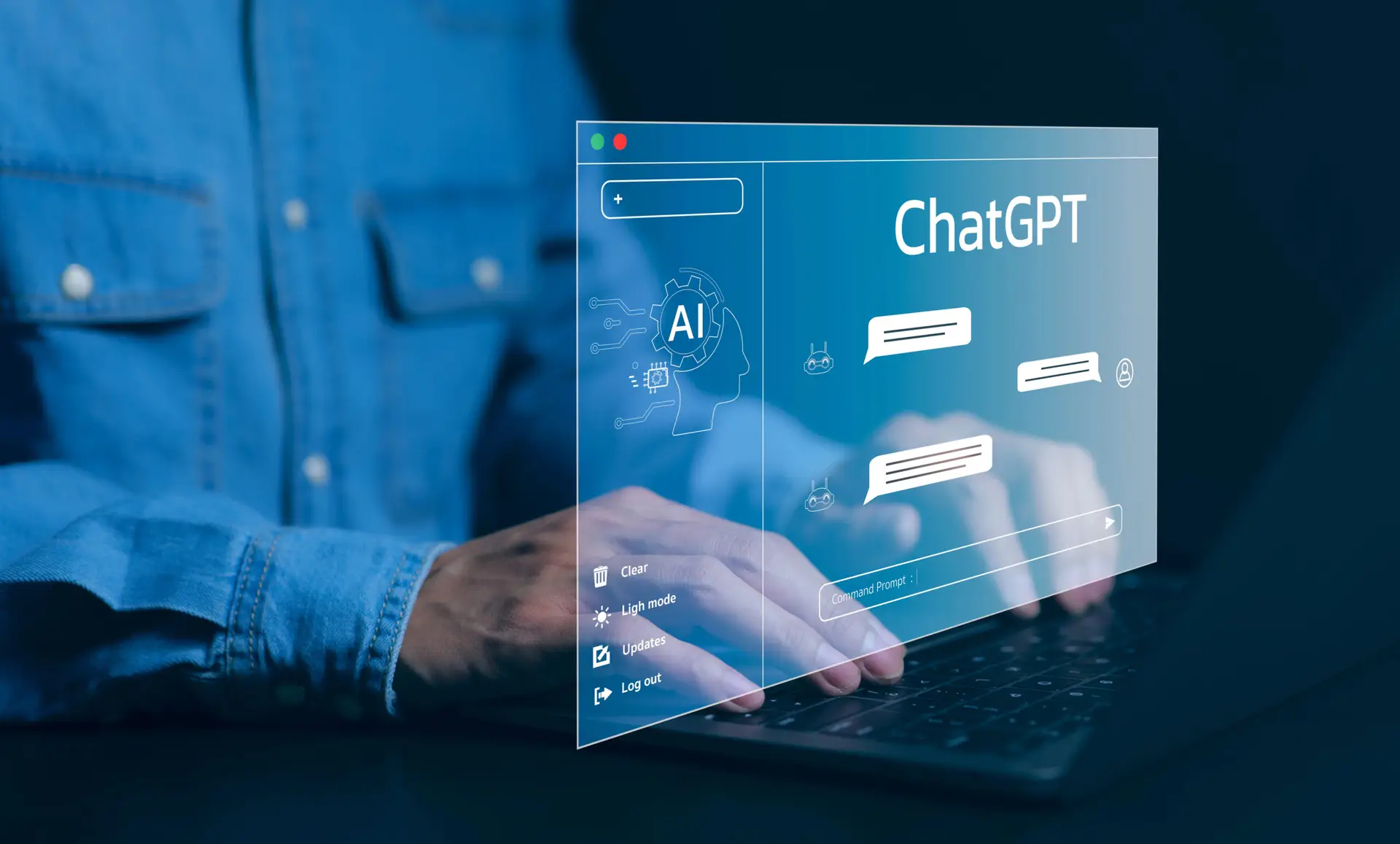 A man researching a ChatGPT SEO strategy with a pop up on his laptop showing ChatGPT.