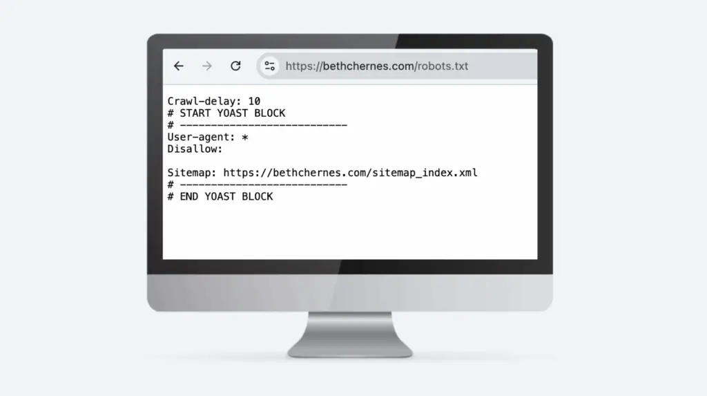A computer screen showing a robots.txt file example to showcase how to review your robots.txt for ai search opitimization.