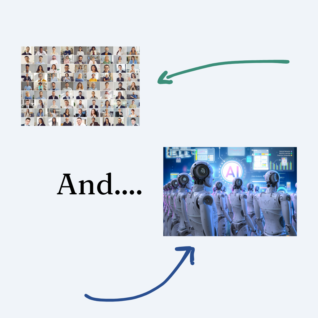 Arrows pointing to both a photo of humans and a photo of AI robots, showing the importance of ai search optimization for both.